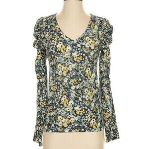 Loft Floral Ruched Puffle Sleeve V-neck Blouse Large Womens